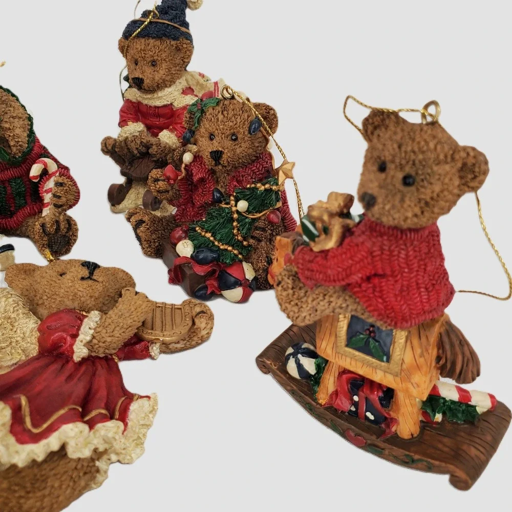 Christmas Teddy Bear 8pc Ornament Set Resin Angel‎ Skiing Sledding Holiday Decor